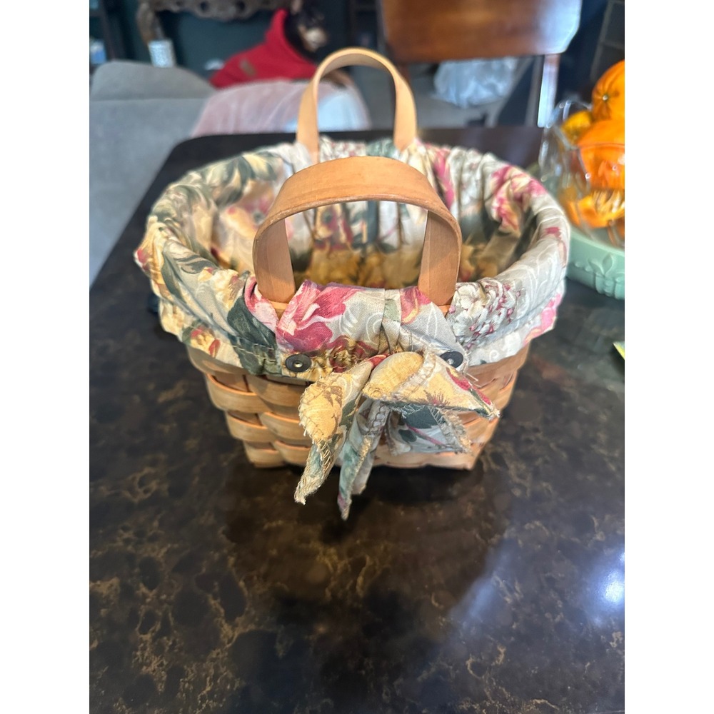 Longaberger 2004 Small Gathering Basket Woven Wood Floral Liner Leather Handles